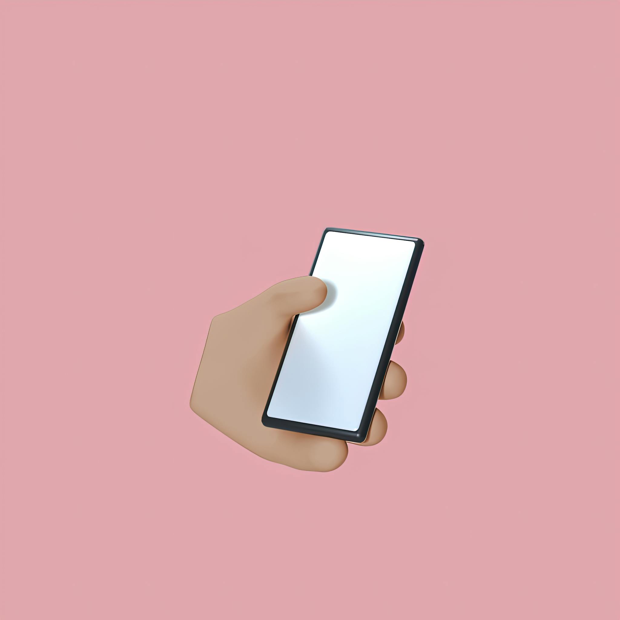 3D cartoon hand holding a smartphone against a pink background.